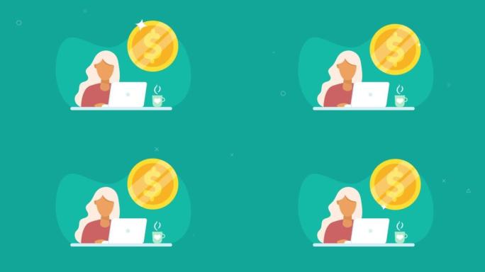 电脑上的美元硬币图标和女人
