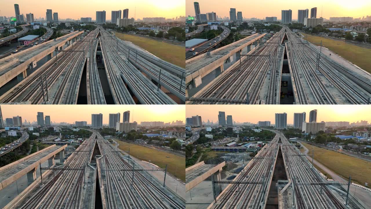 拥有多条高速铁路列车车道的邦苏中央车站鸟瞰图，这是泰国曼谷正在建设的新铁路枢纽交通大楼。