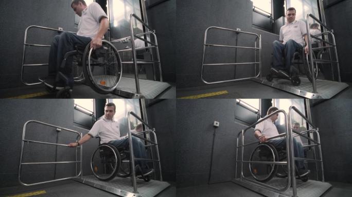 专为身体残疾人士设计的电梯。一个坐轮椅的人使用一种特殊的电梯