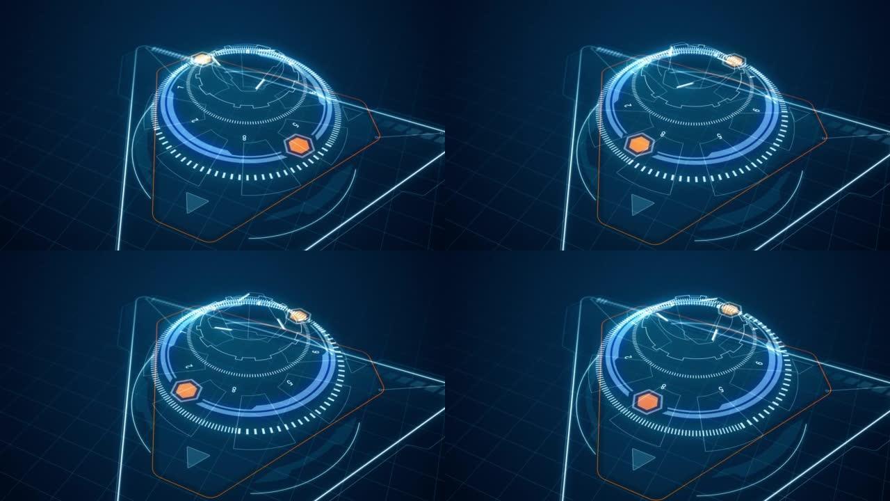 带有抬头显示 (HUD UI) 技术界面和未来元素的3D蓝色三角形和圆形旋转运动图形抽象背景