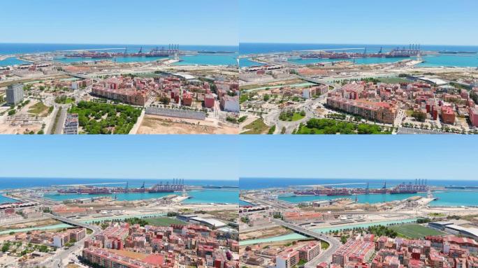 瓦伦西亚: 西班牙著名城市的鸟瞰图，城市港口和地中海的清澈水域-从上方看欧洲全景