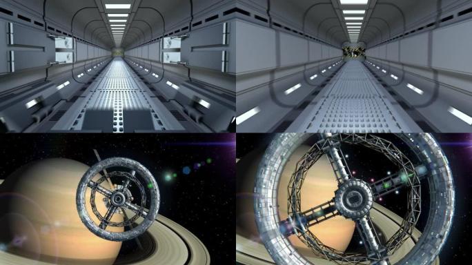 背景上的土星。相机飞出隧道，飞入空间站门，绿屏，3d动画。行星的纹理是在图形编辑器中创建的，没有照片