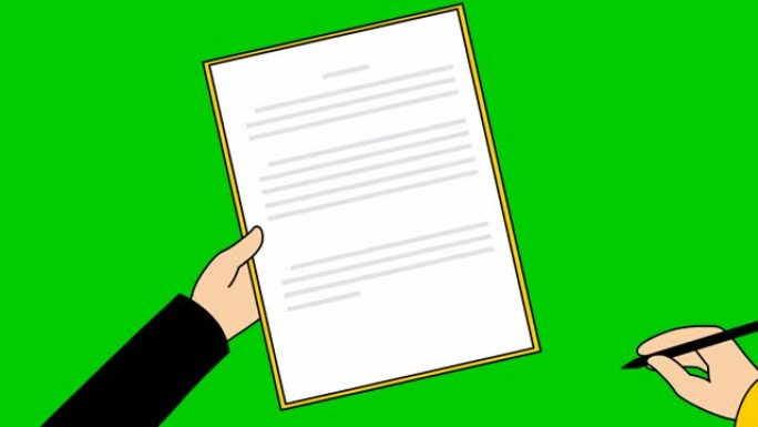 动画合同签署。人的手用笔在文件上签名。协议、交易、合同、申请、签名的概念。循环视频。矢量插图孤立在绿