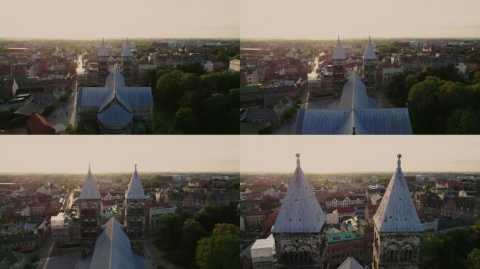 无人驾驶飞机在瑞典隆德大教堂塔之间飞行