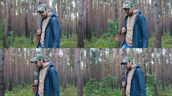 一个年轻人着迷于如雨后春笋般地在业余时间走过树林，寻找他最喜欢的蘑菇种类，仔细寻找牛肝菌，鸡油菌，松