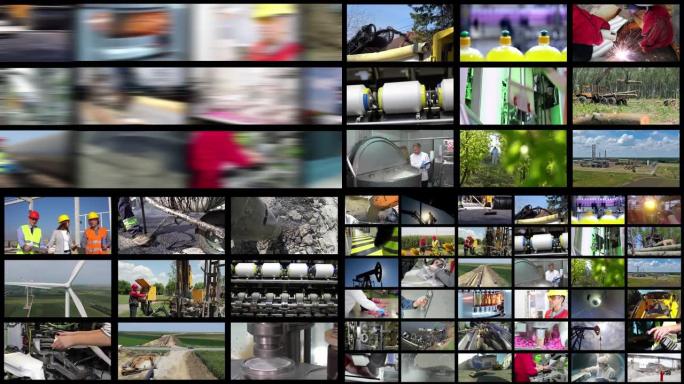 工业生产和生产力增长-动画多屏幕视频蒙太奇