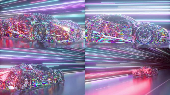 未来主义概念。发光霓虹灯线背景上的钻石跑车。蓝紫色。3d动画