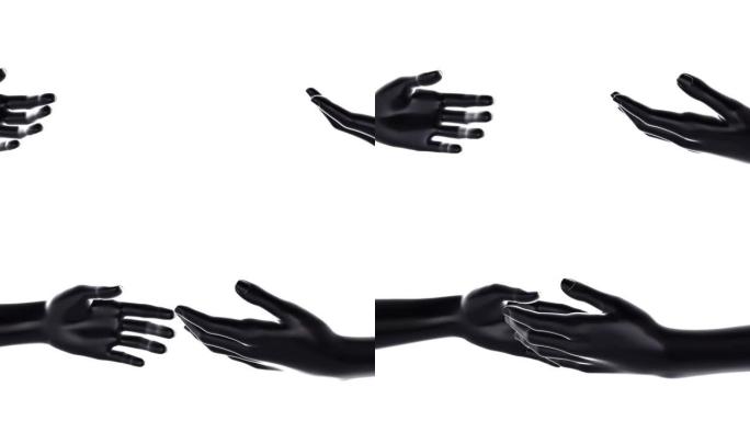 两只黑色的人的手互相伸出，孤立在白色背景上。人的社会联系和心理关系的概念。3d数字动画。