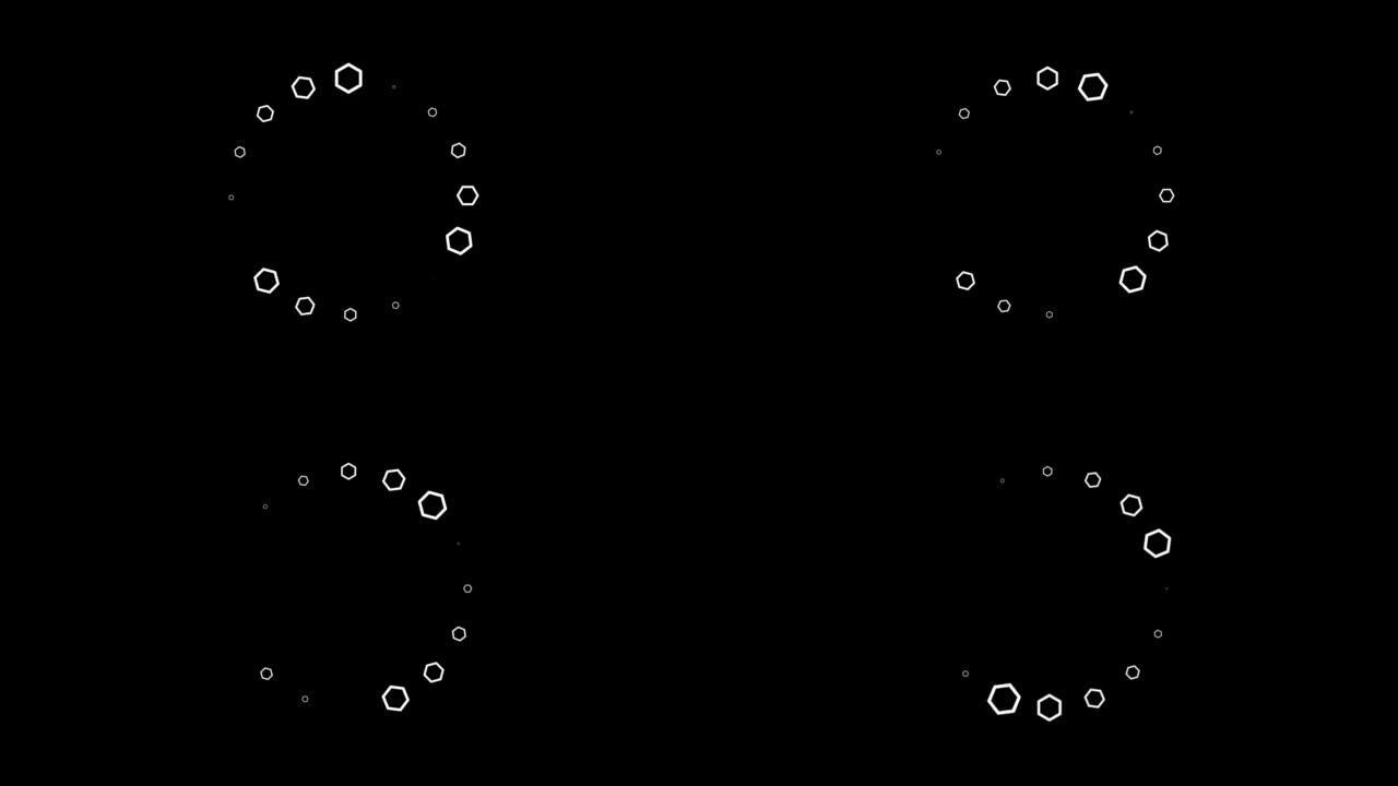 白色六边形图标的动画，在黑色背景上彼此围绕一个圆圈排列。装载进度指示器。无缝循环。视频动画背景。