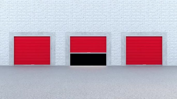 仓库砖墙中的三扇红色门打开和关闭。