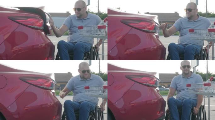 使用轮椅的身体残疾成年人将购买的物品放在超市停车场的汽车后备箱中