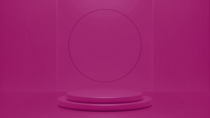 粉色讲台，明亮发光闪烁的霓虹灯圈。具有产品展示平台的未来展示柜。带电灯的空舞台。几何形状组成。3d动