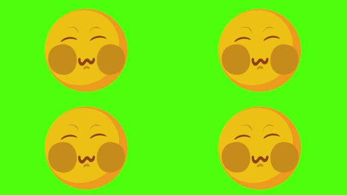 绿色背景上的黄色圆形表情符号脸部不适的3D动画