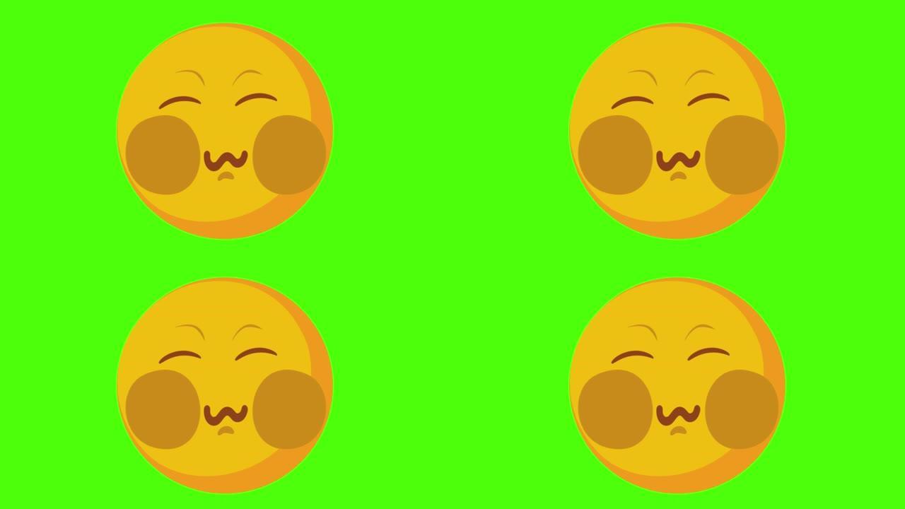 绿色背景上的黄色圆形表情符号脸部不适的3D动画