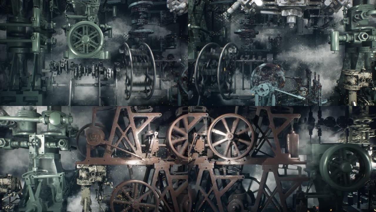 一个古老的老工厂里烟熏闪闪发光的老式机械装置和机器。蒸汽朋克机制的概念。该动画非常适合复古，幻想和技
