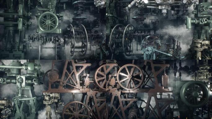 一个古老的老工厂里烟熏闪闪发光的老式机械装置和机器。蒸汽朋克机制的概念。该动画非常适合复古，幻想和技