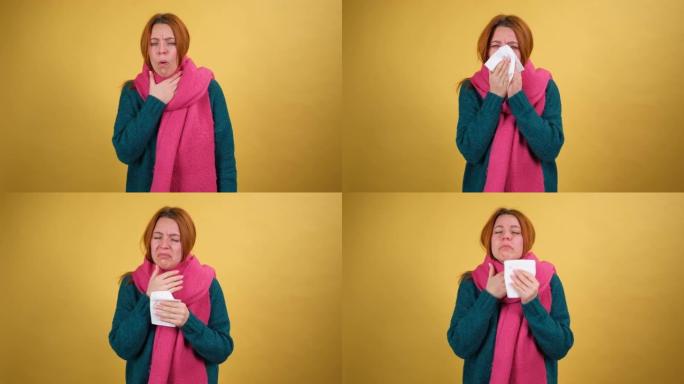 年轻女子在温暖的围巾打喷嚏的组织，患有季节性过敏或流感症状，感觉不适与流感，病毒感染，吹流鼻涕。工作