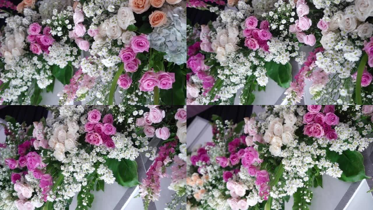 婚礼花卉装饰。花卉背景背景。婚礼背景。粉红玫瑰