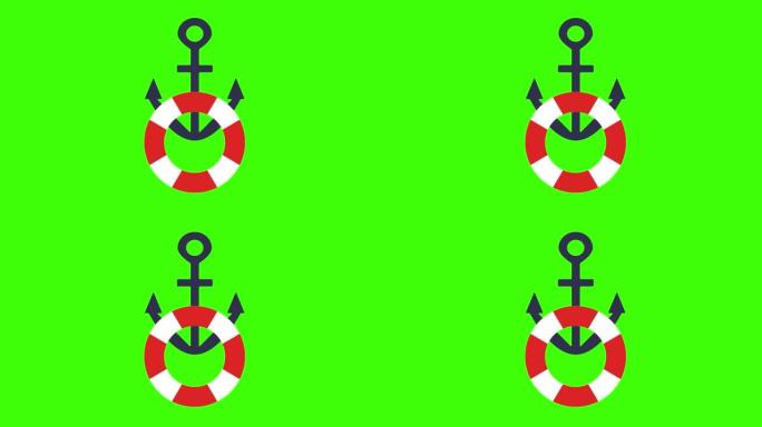 4K绿色屏幕上隔离的红色救生圈的海洋锚的彩色简单动画