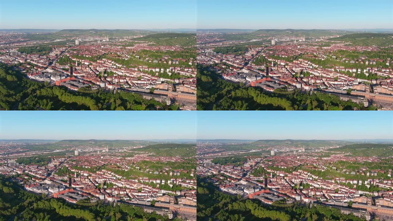 斯图加特: 日落时德国城市的鸟瞰图，城市中心，融合了现代和历史建筑-从上方看欧洲景观全景