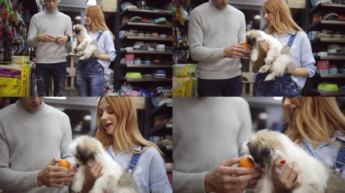 幸福的夫妇和他们的小狗在宠物店买东西