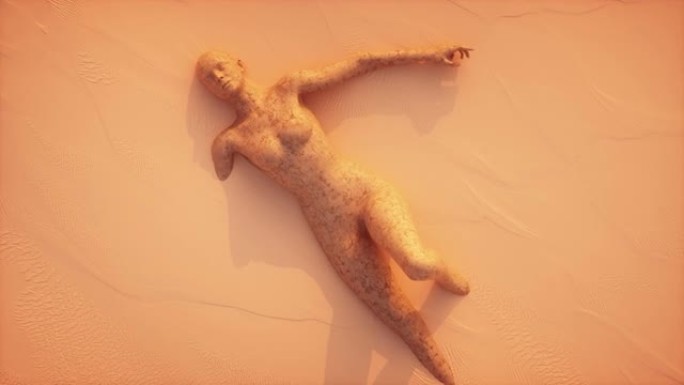 外星星球的3d动画，沙漠景观和埋在沙子中的巨型石像