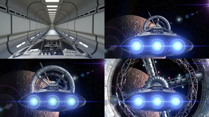 背景中的汞。飞船飞出隧道。太空船飞入太空站门，3d动画。行星的纹理是在图形编辑器中创建的，没有照片和