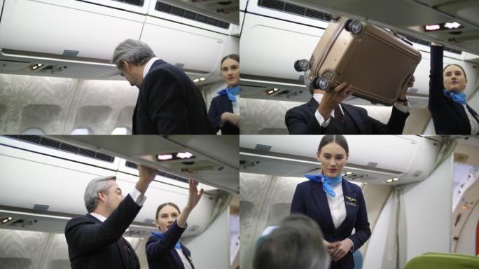 商人进入飞机，然后将行李放在头顶的行李箱中