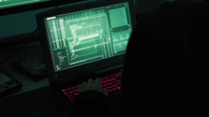 一名黑客程序员穿着连帽衫，戴着黑色黑客面具，隐藏自己的身份，利用电脑进行黑客活动