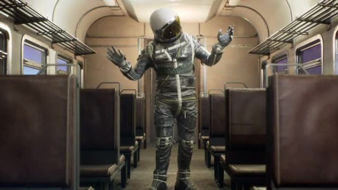 宇航员同意，一列星际空间列车以超光速疾驰。幻想太空旅行的概念。该动画非常适合太空，幻想和科幻背景。