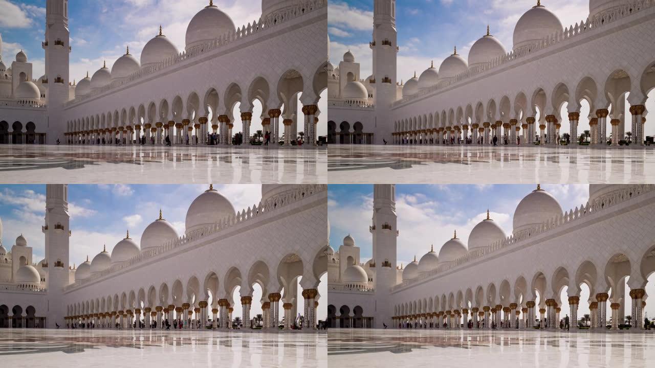 晴天最著名的阿布扎比大清真寺大厅全景4k延时阿联酋
