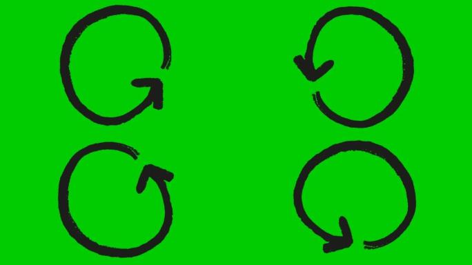 圆圈箭头的动画图标。黑色符号旋转。循环视频。手绘矢量插图孤立在绿色背景上。