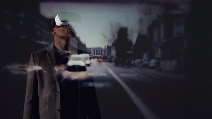 双曝光商人与虚拟现实模拟器眼镜在繁忙的城市道路