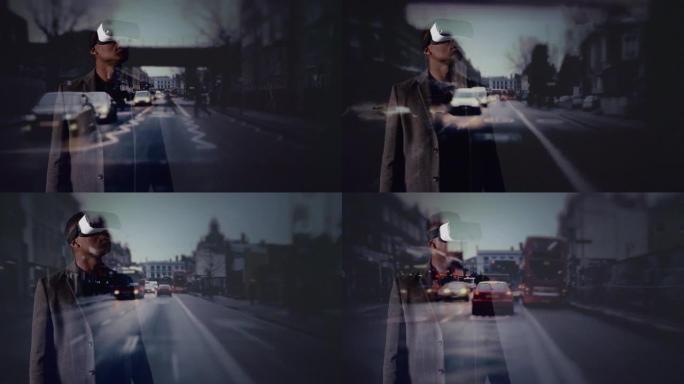 双曝光商人与虚拟现实模拟器眼镜在繁忙的城市道路