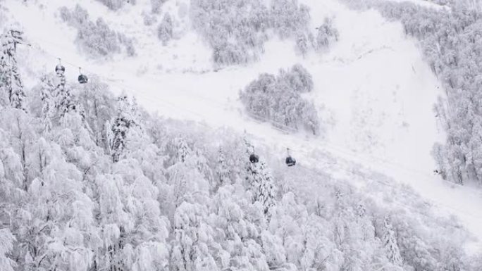 山地冬季景观缆车运动。越过山脉，森林，斜坡。滑雪胜地。雪中的树木