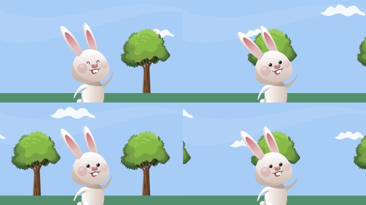 兔子在风景中庆祝复活节快乐