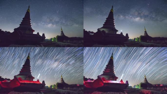 在泰国清迈的Doi Inthanon国家公园的神圣寺庙上移动的银河系的时间流逝4k。夜幕降临。星夜。