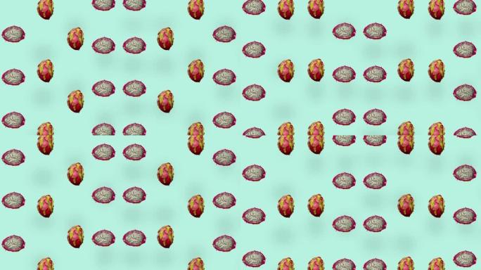 新鲜火龙果的多彩图案。顶视图。火龙果无缝图案。火龙果。波普艺术设计。逼真的动画。4k视频运动