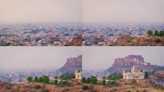 焦特布尔的蓝色城市，梅兰加尔堡和Jaswant Thada。焦特布尔、拉贾斯坦邦,印度。卧式锅