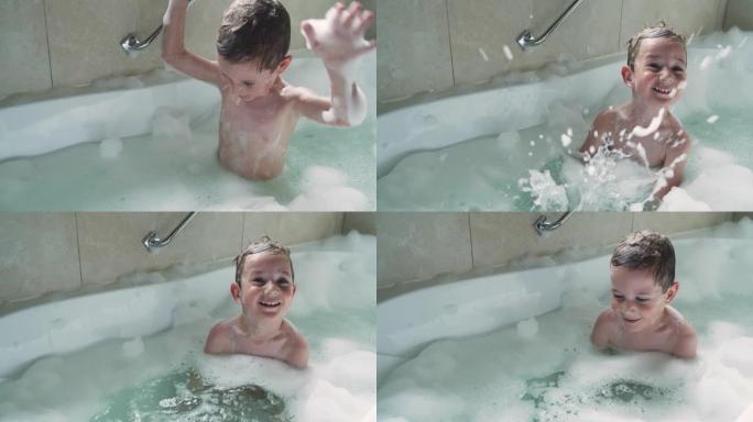小男孩在浴缸里玩泡沫