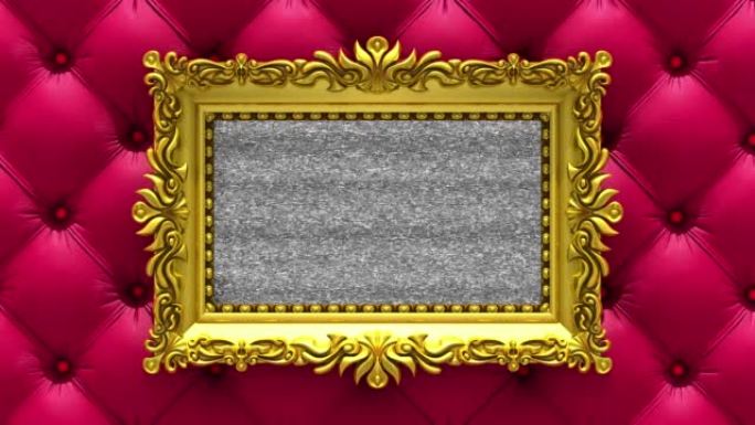 背景上的红色豪华室内装潢。电视噪音和绿色色度键以华丽的金色相框在屏幕上播放。3D动画介绍。