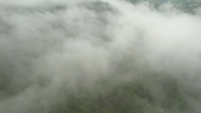 空中无人机电影拍摄的汽车和道路在早上下雨后越过山顶，有雾和绿色森林。