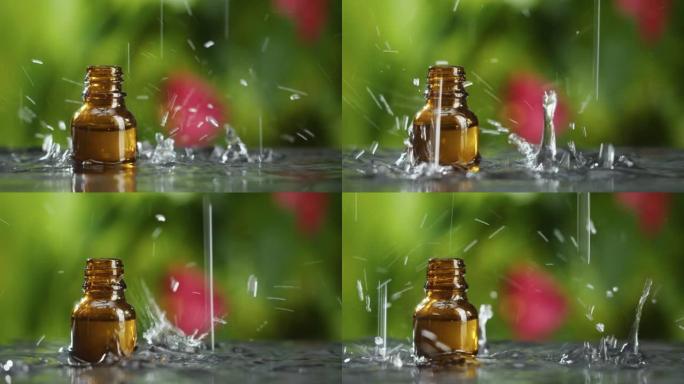 水滴掉进瓶子里的特写镜头，下雨。清新概念。自然与雨