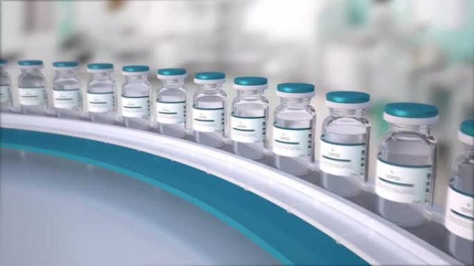 新型冠状病毒mRNA疫苗自动化生产线。玻璃瓶在环形传送带上移动。制药制造。预防新型冠状病毒肺炎感染的