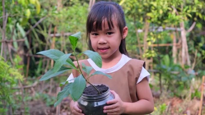 春天，可爱的小女孩在模糊的绿色背景上，在回收锅里拿着一棵小树。地球日生态概念