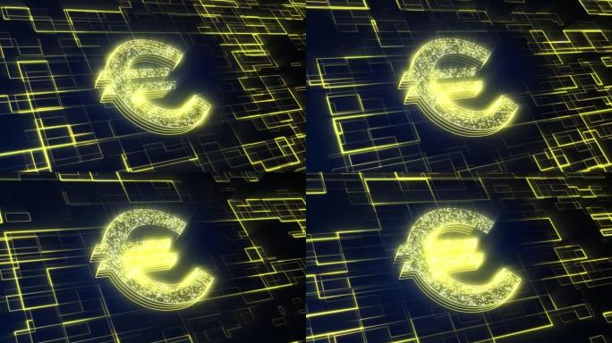 技术背景上的欧元货币符号，英国欧洲联盟联盟货币符号，霓虹灯发光移动线，金融商业经济