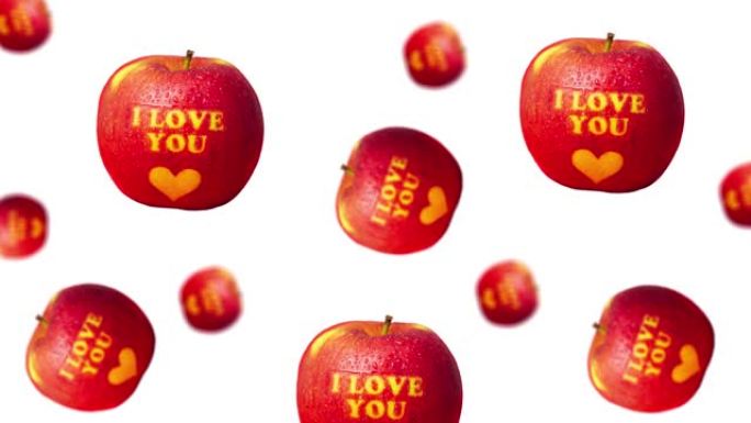 许多不同直径的苹果流，上面刻有 “我爱你” 字样，心脏在白色背景上飞翔。圣瓦伦丁的概念，婚礼，生日和