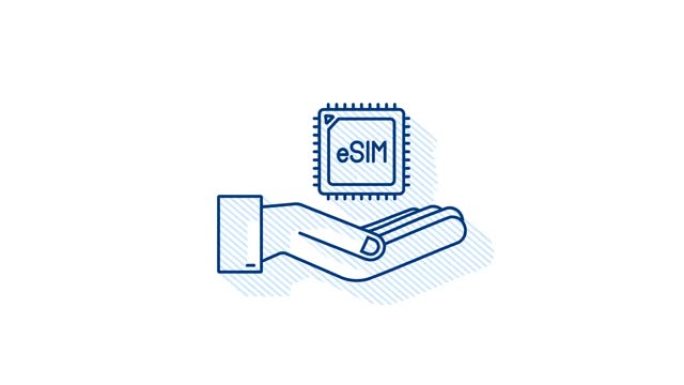 影子5G eSIM嵌入式sim卡带手图标符号概念。新的芯片移动蜂窝通信技术。运动图形