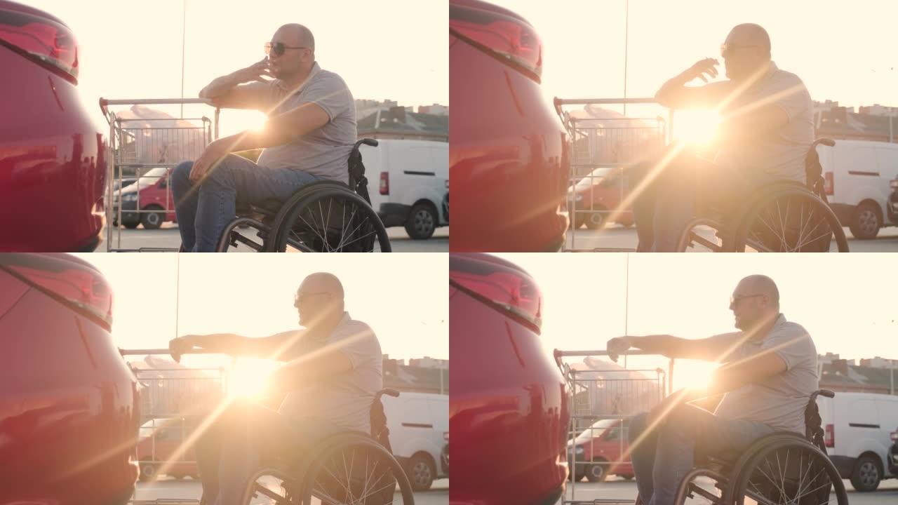 有身体残疾的成年人，在超市停车场用轮椅推车在自己面前