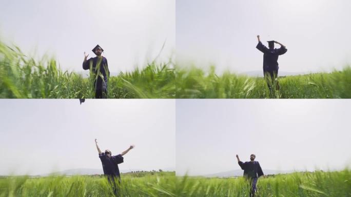 穿着毕业服装的年轻人在绿色的田野里奔跑，向空中扔帽子。